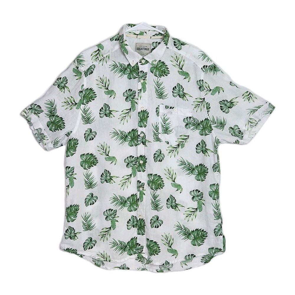 Report Collection Heritage Linen White Green Tropical Leaf Shirt XL Resort Wear